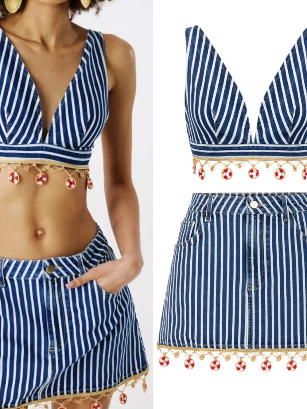 MY BEACHY SIDE Raven Denim Bralette Top + SKIRT CROCHET NAUTICAL MEDIUM NWT